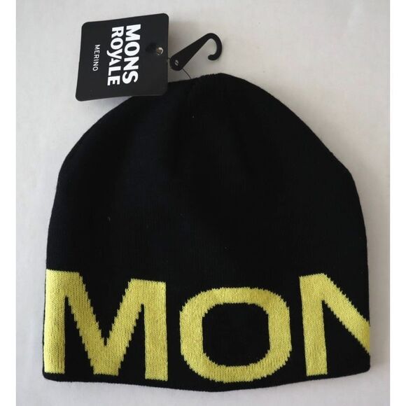 Mons Royale Unisex O/S Black/Citrus Yellow Arcadia Merino Wool Beanie Hat - Picture 1 of 5